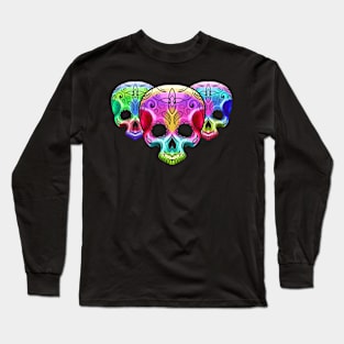Three Colorful Gradient Sugar Skull Day Of The Dead Long Sleeve T-Shirt